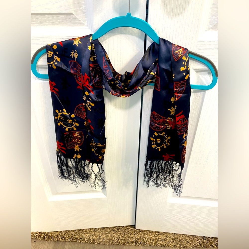Brand new 💯 % silk scarf from China w/ symbols & printed pictures & fringes